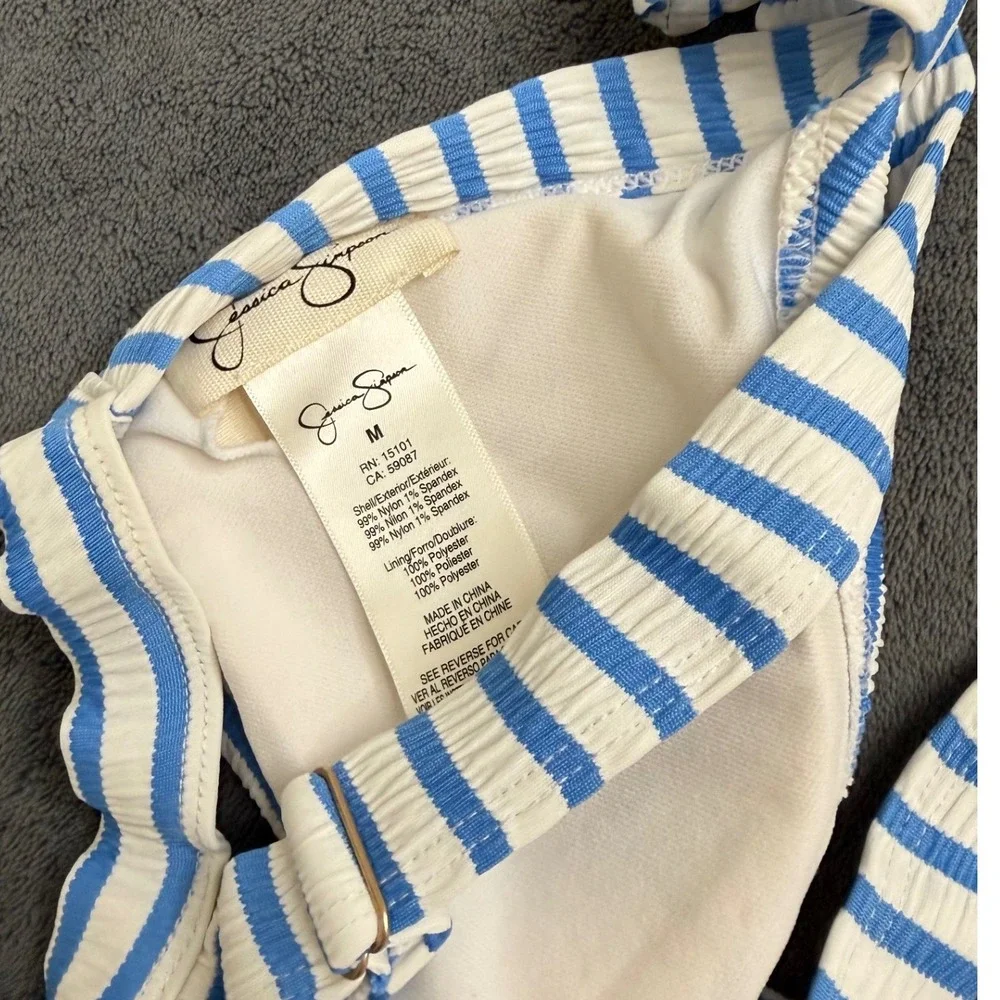 Jessica Simpson Bikini Set Womens M/L Blue White Excellent Striped Smocked Tie